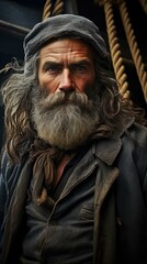 Obraz premium A man with a long beard and grey hair standing on ropes. Generative AI.