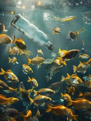 Fish school around a sunken plastic bottle, ocean, plastic, bottle, garbage, pollution, environment, water, waste, conservation, marine, school, reef, eco, health, problem, sink, conscious, usage, imp - obrazy, fototapety, plakaty