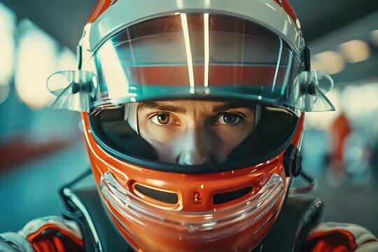 A man, wearing a racing helmet, stares directly at the camera in this captured moment. The intensity in his eyes reflects the focus and determination needed in high-speed racing scenarios