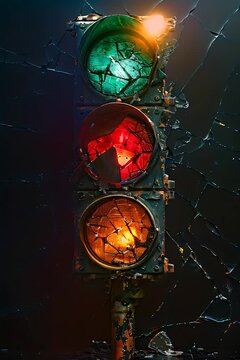 A broken traffic light lies abandoned on the side of a busy road, with wires exposed and glass shattered. Cars drive by as the malfunctioning signal remains a hazard to passing vehicles
