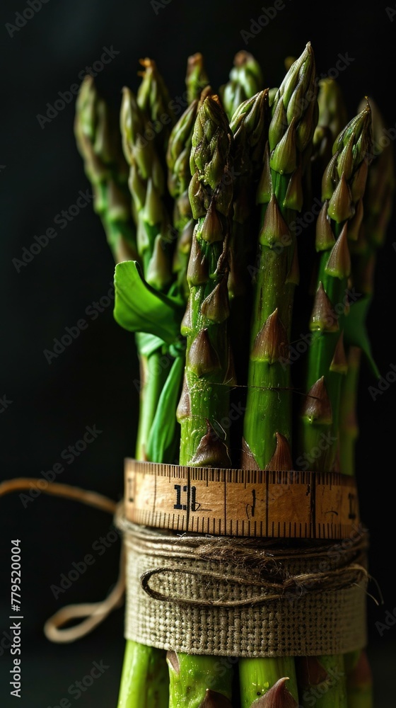 Poster a bunch of green asparagus with a measuring tape wrapped around it. generative ai.