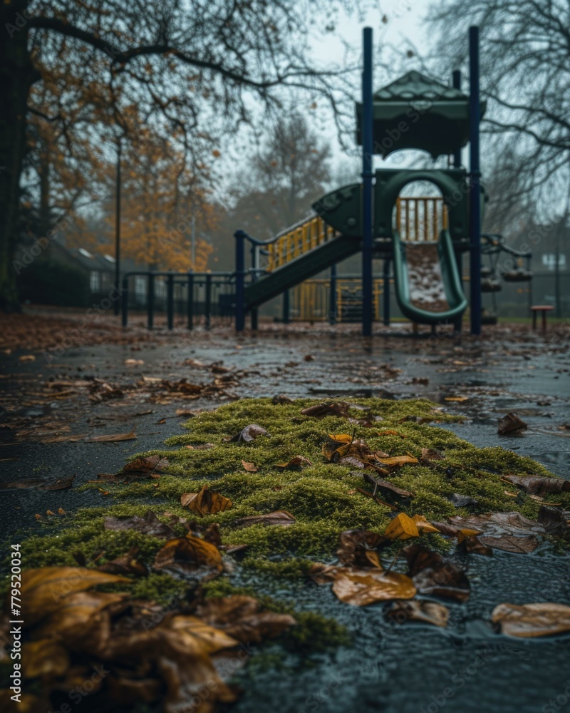 Poster a playground with a slide and some leaves on the ground. generative ai.