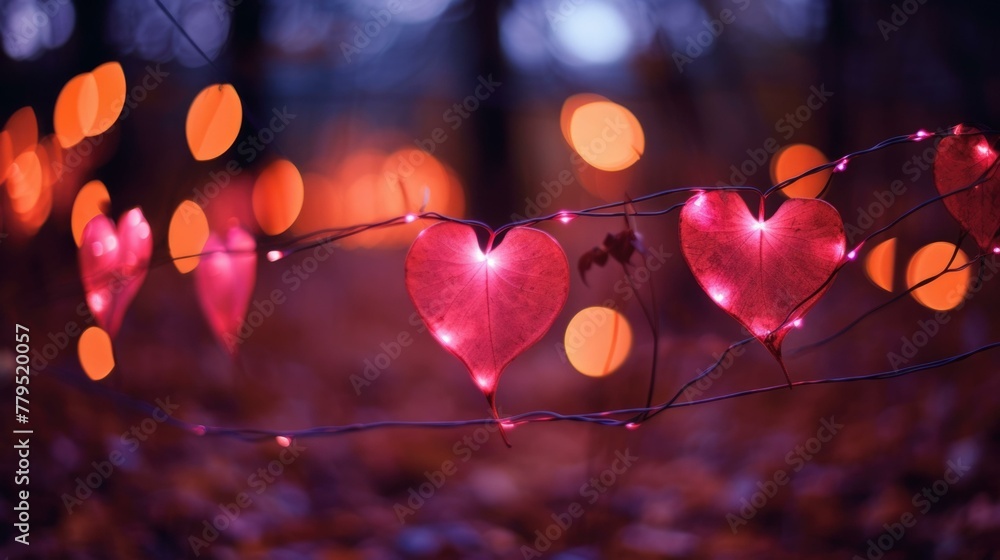 Poster a string of red heart shaped lights are hanging from a tree. generative ai.