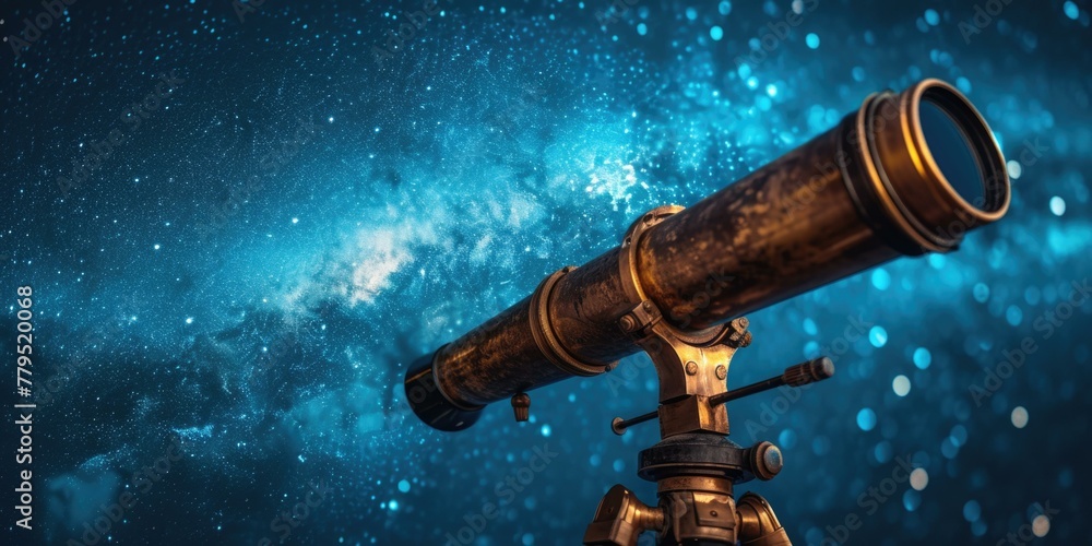 Poster a telescope is shown in front of a starry sky. generative ai.