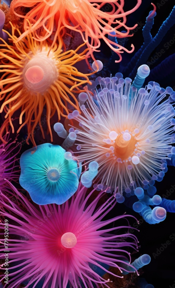 Poster a close up of a group of colorful sea anemones in the ocean. generative ai.