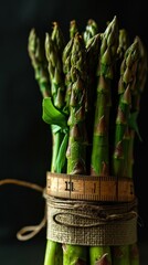 A bunch of green asparagus with a measuring tape wrapped around it. Generative AI.