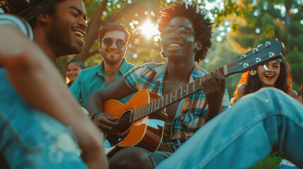 A group of interracial friends having fun with guitar and enjoying music at the park. Summer...