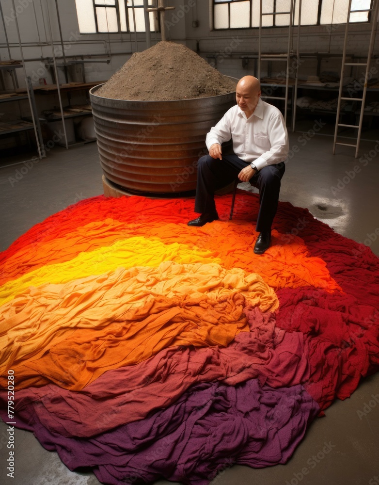 Poster a man sitting on a colorful rug in front of a large metal container. generative ai.