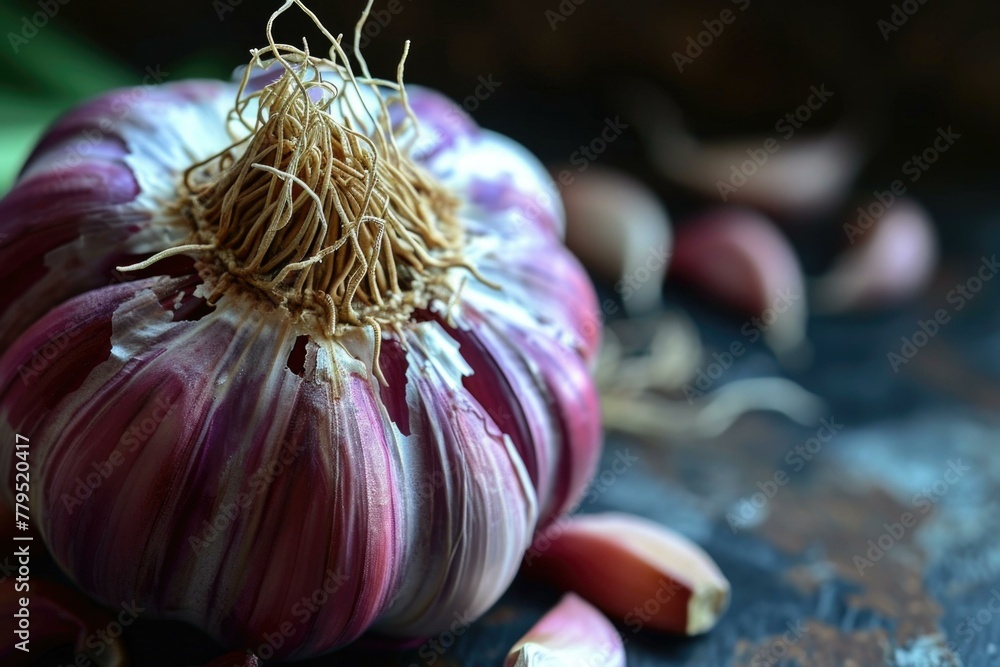 Poster a close up of a garlic bulb with some leaves on it. generative ai.