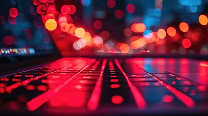 A close up of a laptop keyboard with red lights on it. Generative AI. - obrazy, fototapety, plakaty