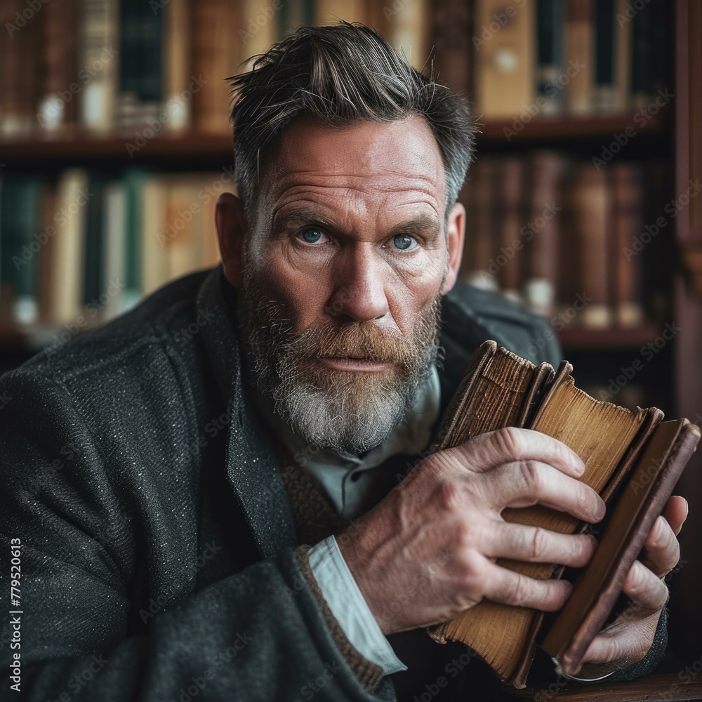 Poster a man with a beard holding books in front of him. generative ai.