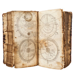 An early scientific treatise, diagrams of celestial orbits and anatomical sketches, notes in the margins, on white isolated on white background