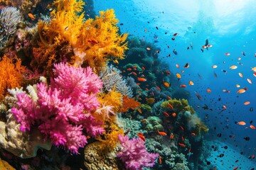 Fototapeta na wymiar Underwater scenery, Underwater coral reefs teeming with colorful sea life, Ai generated