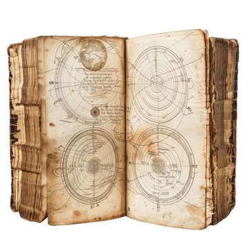 An early scientific treatise, diagrams of celestial orbits and anatomical sketches, notes in the margins, on white isolated on white background