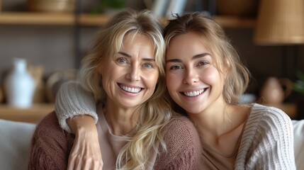 Happy senior mother and grownup daughter sit relax on couch in living room talk laugh and joke. smiling overjoyed middle-aged mom and adult girl child rest at home have fun enjoying weekend together - obrazy, fototapety, plakaty