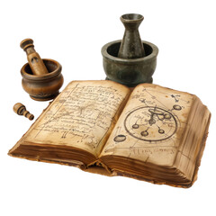 An alchemist's workbook, open on pages of potion recipes and mystical diagrams, mortar and pestle set nearby, on white isolated on white background