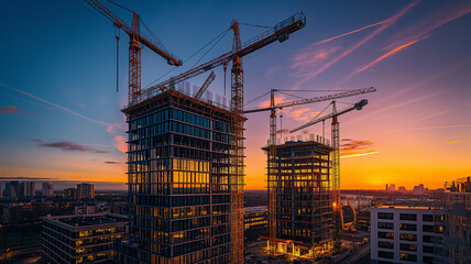 A city skyline with two tall buildings under construction - obrazy, fototapety, plakaty