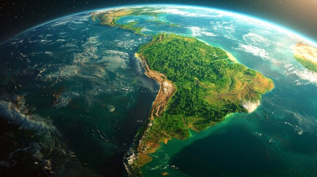 Fototapeta Rainforest of South America from the space view. realistic planet Earth rotation