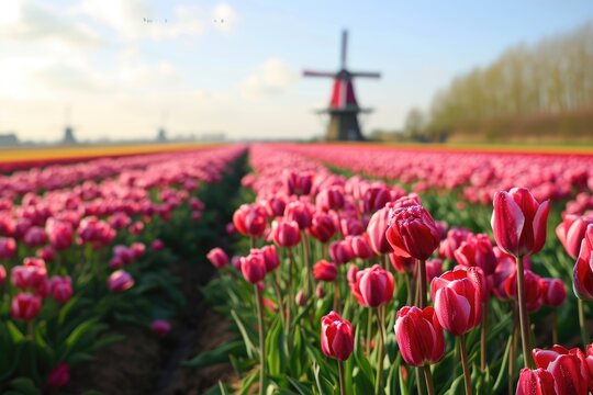 Tulips fild, Vast fields of tulips in Holland, windmill in the background, Ai generated