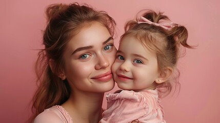 Woman mama in light clothes have fun with cute child baby girl. Mother little kid daughter isolated on pastel pink wall background studio portrait Mother's Day love family parenthood childhood concept