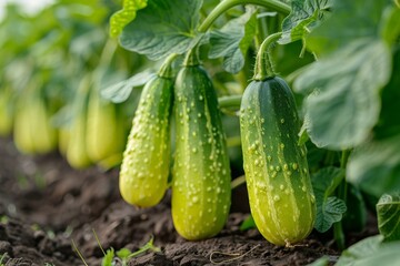 A close-up view of young cucumbers growing on the vine, suggesting the beauty of natural food production