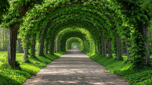 Tunnel like lime tree avenue in spring. fresh green foliage.