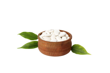 PNG,Collagen tablets in a bowl, isolated on white background