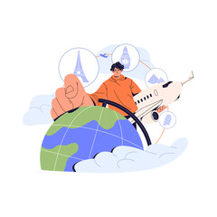 Air trip concept. People make choice of country to travel. Tourist in flight on aircraft. Character chooses direction of journey on globe to fly by plane. Flat isolated vector illustration on white