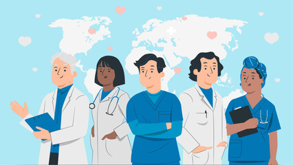 Group of hospital staff standing together. Set of male female characters of doctors and nurses