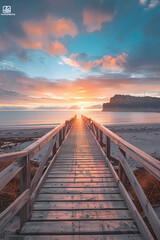 Obraz premium A wooden walkway at a beach during the sunrise