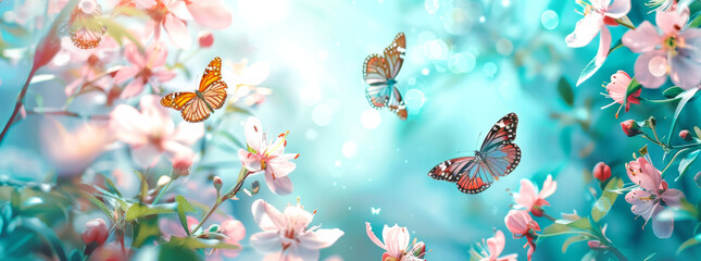 Beautiful nature background with flying butterflies and flowers on a turquoise blue background