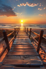 Obraz premium A wooden walkway at a beach during the sunrise