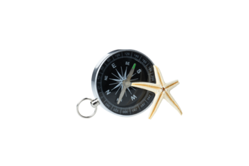 PNG, compass with starfish, isolated on white background.