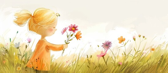 A young girl joyfully holds a bouquet of colorful flowers in a grassy meadow, surrounded by the beauty of nature and dandelions