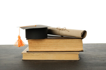 PNG, graduate hat with books, isolated on white background.