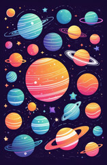 Vibrant Space Illustration with Colorful Planets, Stars, and Rings in a Whimsical Cosmic Scene