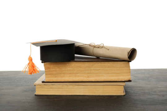 PNG, graduate hat with books, isolated on white background.