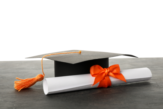 PNG, diploma and graduate hat, isolated on white background.