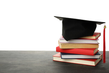 PNG, graduate hat with books, isolated on white background. - obrazy, fototapety, plakaty