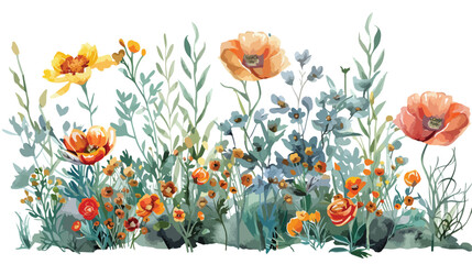Watercolor garden flowers and bush illustration Flat