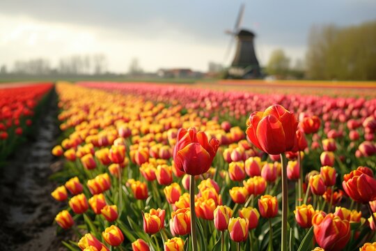 Tulips fild, Vast fields of tulips in Holland, windmill in the background, Ai generated