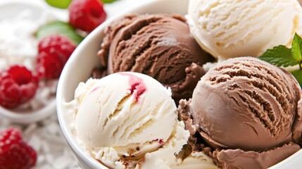 Delicious Scoops of Vanilla and Chocolate Ice Cream with Fresh Raspberries - Perfect Dessert Treat. Simple and Elegant Food Photography. AI