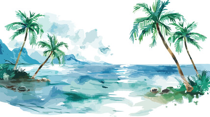 Fototapeta na wymiar Watercolor seascape with palms and views Flat vector