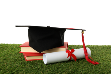 PNG, graduate hat with books on grass, isolated on white background.