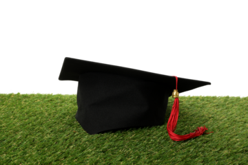 PNG, graduate hat with books on grass, isolated on white background.