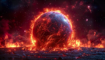 Alien hot planet with cracked surface of molten lava on a dark background. - obrazy, fototapety, plakaty