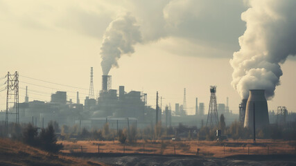 Industrial chimneys at a power plant discharge dense smoke into the sky, illustrating the environmental concerns of air pollution.