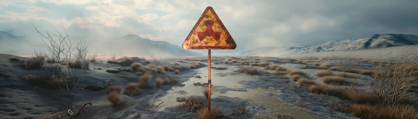 Wide angle of a radioactive hazard sign, health risk awareness, amid unique emptiness, banner, background, sign, danger, warn, radioactive, hazard, awareness, risk, health, safety, caution, vivid, sig