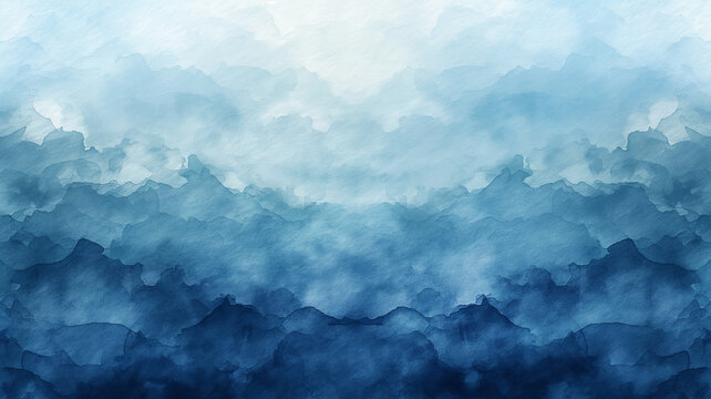 The image is a blue and white watercolor painting of a sky with clouds
