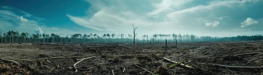 Wide shot of deforested area, desolate, banner, deforestation, barren, signage, wilderness, clearance, bleakness, poster, clearcutte, solitude, billboard, clearcut, lonesome, abandon, metal, vacant, v - obrazy, fototapety, plakaty